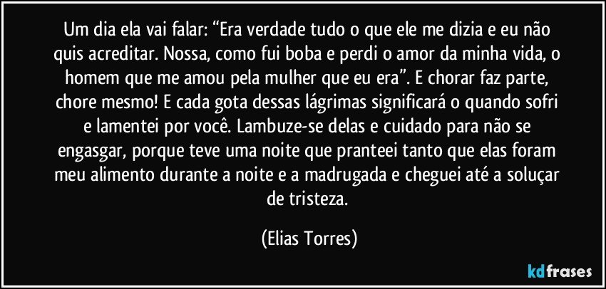 Um dia ela vai falar: “Era verdade tudo o que ele me dizia e eu não quis acreditar. Nossa, como fui boba e perdi o amor da minha vida, o homem que me amou pela mulher que eu era”. E chorar faz parte, chore mesmo! E cada gota dessas lágrimas significará o quando sofri e lamentei por você. Lambuze-se delas e cuidado para não se engasgar, porque teve uma noite que pranteei tanto que elas foram meu alimento durante a noite e a madrugada e cheguei até a soluçar de tristeza. (Elias Torres)