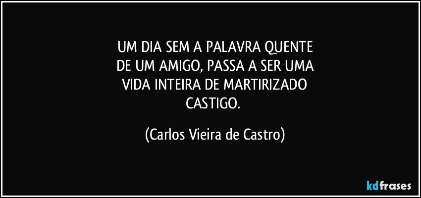 UM DIA SEM A PALAVRA QUENTE
DE UM AMIGO, PASSA A SER UMA
VIDA INTEIRA DE MARTIRIZADO
CASTIGO. (Carlos Vieira de Castro)