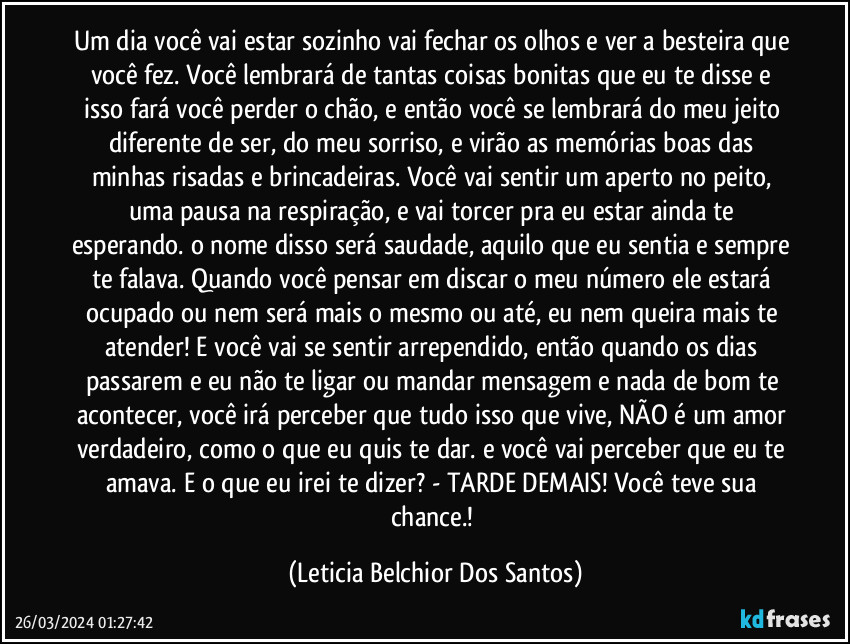 Um dia você vai estar sozinho vai fechar os olhos e ver a besteira que você fez. Você lembrará de tantas coisas bonitas que eu te disse e isso fará você perder o chão, e então você se lembrará do meu jeito diferente de ser, do meu sorriso, e virão as memórias boas das minhas risadas e brincadeiras. Você vai sentir um aperto no peito, uma pausa na respiração, e vai torcer pra eu estar ainda te esperando. o nome disso será saudade, aquilo que eu sentia e sempre te falava. Quando você pensar em discar o meu número ele estará ocupado ou nem será mais o mesmo ou até, eu nem queira mais te atender! E você vai se sentir arrependido, então quando os dias passarem e eu não te ligar ou mandar mensagem e nada de bom te acontecer, você irá perceber que tudo isso que vive, NÃO é um amor verdadeiro, como o que eu quis te dar. e você vai perceber que eu te amava. E o que eu irei te dizer? - TARDE DEMAIS! Você teve sua chance.! (Leticia Belchior Dos Santos)