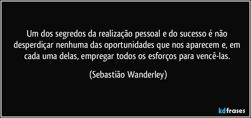 Um dos segredos da realização pessoal e do sucesso é não desperdiçar nenhuma das oportunidades que nos aparecem e, em cada uma delas, empregar todos os esforços para vencê-las. (Sebastião Wanderley)