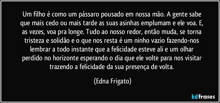 Um filho é como um pássaro pousado em nossa mão. A gente sabe que mais cedo ou mais tarde as suas asinhas emplumam e ele voa. E, as vezes, voa pra longe. Tudo ao nosso redor, então muda, se torna tristeza e solidão e o que nos resta é um ninho vazio fazendo-nos lembrar a todo instante que a felicidade esteve ali e um olhar perdido no horizonte esperando o dia que ele volte para nos visitar trazendo a felicidade da sua presença de volta. (Edna Frigato)