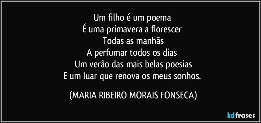 Um filho é um poema 
É uma primavera a florescer 
Todas as manhãs
A perfumar todos os dias 
Um verão das mais belas poesias
E um luar que renova os meus sonhos. (MARIA RIBEIRO MORAIS FONSECA)