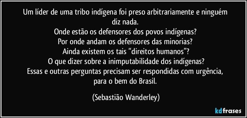 Um líder de uma tribo indígena foi preso arbitrariamente e ninguém diz nada. 
Onde estão os defensores dos povos indígenas? 
Por onde andam os defensores das minorias? 
Ainda existem os tais “direitos humanos”?
O que dizer sobre a inimputabilidade dos indígenas?
Essas e outras perguntas precisam ser respondidas com urgência, para o bem do Brasil. (Sebastião Wanderley)
