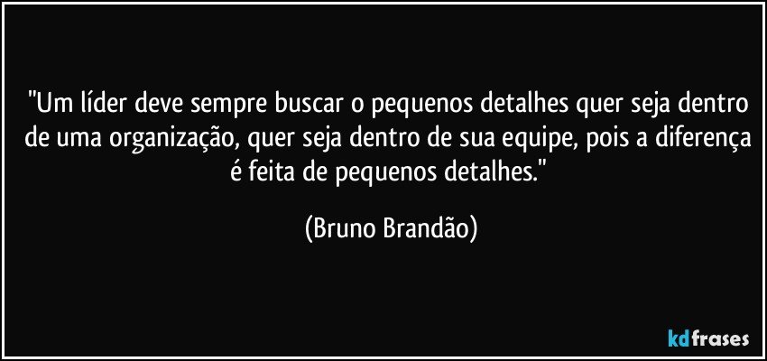 "Um líder deve sempre buscar o pequenos detalhes quer seja dentro de uma organização, quer seja dentro de sua equipe, pois a diferença é feita de pequenos detalhes." (Bruno Brandão)