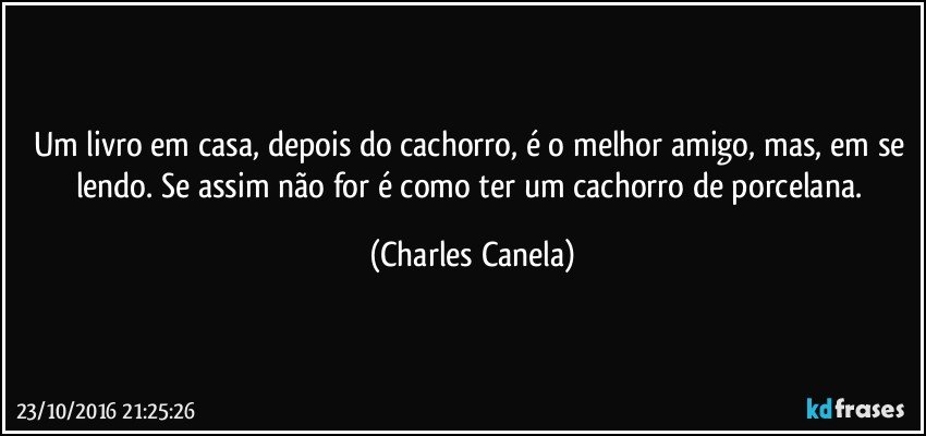 Um livro em casa, depois do cachorro, é o melhor amigo, mas, em se lendo. Se assim não for é como ter um cachorro de porcelana. (Charles Canela)