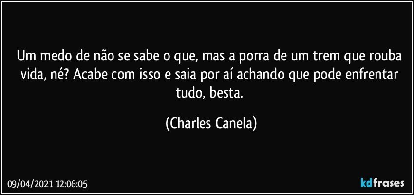 Um medo de não se sabe o que, mas a porra de um trem que rouba vida, né? Acabe com isso e saia por aí achando que pode enfrentar tudo, besta. (Charles Canela)