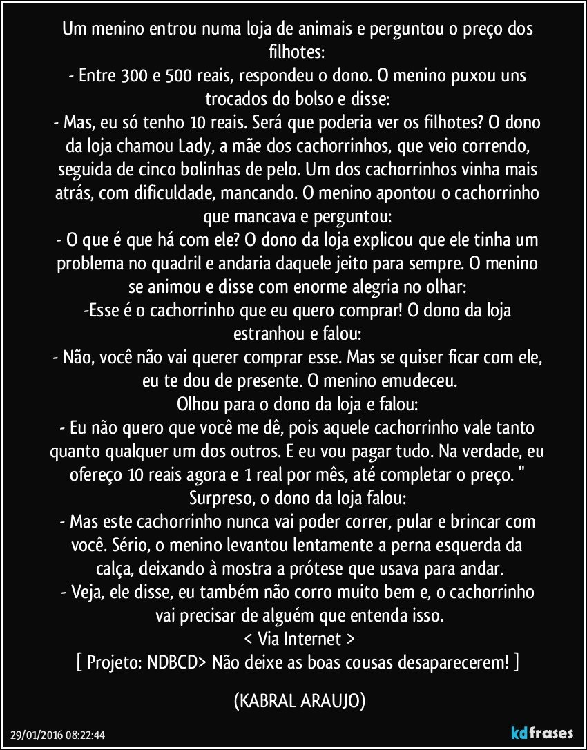 Um menino entrou numa loja de animais e perguntou o preço dos filhotes: 
- Entre 300 e 500 reais, respondeu o dono. O menino puxou uns trocados do bolso e disse: 
- Mas, eu só tenho 10 reais. Será que poderia ver os filhotes? O dono da loja chamou Lady, a mãe dos cachorrinhos, que veio correndo, seguida de cinco bolinhas de pelo. Um dos cachorrinhos vinha mais atrás, com dificuldade, mancando. O menino apontou o cachorrinho que mancava e perguntou: 
- O que é que há com ele? O dono da loja explicou que ele tinha um problema no quadril e andaria daquele jeito para sempre. O menino se animou e disse com enorme alegria no olhar: 
-Esse é o cachorrinho que eu quero comprar! O dono da loja estranhou e falou: 
- Não, você não vai querer comprar esse. Mas se quiser ficar com ele, eu te dou de presente. O menino emudeceu.
Olhou para o dono da loja e falou: 
- Eu não quero que você me dê, pois aquele cachorrinho vale tanto quanto qualquer um dos outros. E eu vou pagar tudo. Na verdade, eu ofereço 10 reais agora e 1 real por mês, até completar o preço. " Surpreso, o dono da loja falou: 
- Mas este cachorrinho nunca vai poder correr, pular e brincar com você. Sério, o menino levantou lentamente a perna esquerda da calça, deixando à mostra a prótese que usava para andar.
- Veja, ele disse, eu também não corro muito bem e, o cachorrinho vai precisar de alguém que entenda isso.
< Via Internet >
[ Projeto: NDBCD> Não deixe as boas cousas desaparecerem!  ] (KABRAL ARAUJO)