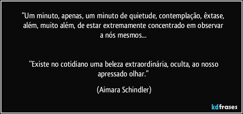 “Um minuto, apenas, um minuto de quietude, contemplação, êxtase, além, muito além, de estar extremamente concentrado em observar a nós mesmos... 


 ''Existe no cotidiano uma beleza extraordinária, oculta, ao nosso apressado olhar.” (Aimara Schindler)