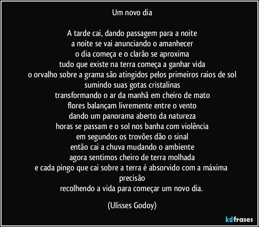 Um novo dia

A tarde cai, dando passagem para a noite
a  noite se vai anunciando o amanhecer
o dia começa e o clarão se aproxima
tudo que existe na terra começa a ganhar vida
o orvalho sobre a grama são atingidos pelos primeiros raios de sol
sumindo suas gotas cristalinas
transformando o ar da manhã em cheiro de mato
flores balançam livremente entre o vento
dando um panorama aberto da natureza
horas se passam e o sol nos banha com violência
em segundos os trovões dão o sinal
então cai a chuva mudando o ambiente
agora sentimos cheiro de terra molhada
e cada pingo que cai sobre a terra é absorvido com a máxima precisão
recolhendo a vida para começar um novo dia. (Ulisses Godoy)