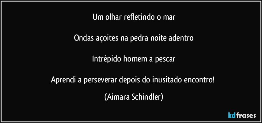 Um olhar refletindo o mar

Ondas açoites na pedra noite adentro

Intrépido homem a pescar

Aprendi a perseverar depois do inusitado encontro! (Aimara Schindler)