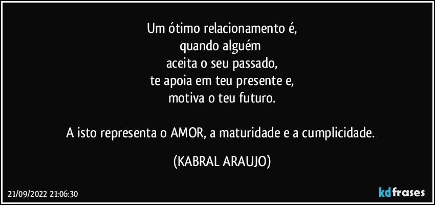 Um ótimo relacionamento é,
quando alguém 
aceita o seu passado,
te apoia em teu presente e,
motiva o teu futuro.

A isto representa o AMOR, a maturidade e a cumplicidade. (KABRAL ARAUJO)