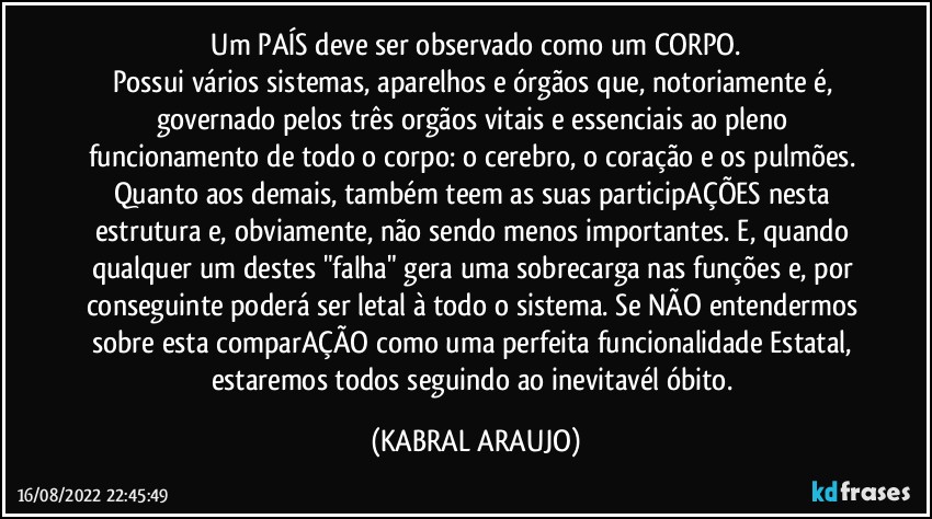 ⁠Um PAÍS deve ser observado como um CORPO. 
Possui vários sistemas, aparelhos e órgãos que, notoriamente é, governado pelos três orgãos vitais e essenciais ao pleno funcionamento de todo o corpo: o cerebro, o coração e os pulmões. Quanto aos demais, também teem as suas participAÇÕES nesta estrutura e, obviamente, não sendo menos importantes. E, quando qualquer um destes "falha" gera uma sobrecarga nas funções e, por conseguinte poderá ser letal à todo o sistema. Se NÃO entendermos sobre esta comparAÇÃO como uma perfeita funcionalidade Estatal, estaremos todos seguindo ao inevitavél óbito. (KABRAL ARAUJO)