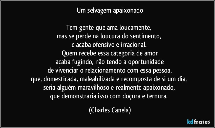 Um selvagem apaixonado

Tem gente que ama loucamente, 
mas se perde na loucura do sentimento, 
e acaba ofensivo e irracional. 
Quem recebe essa categoria de amor
acaba fugindo, não tendo a oportunidade
de vivenciar o relacionamento com essa pessoa,
que, domesticada, maleabilizada e recomposta de si um dia, 
seria alguém maravilhoso e realmente apaixonado, 
que demonstraria isso com doçura e ternura. (Charles Canela)