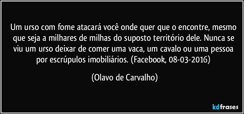 Um urso com fome atacará você onde quer que o encontre, mesmo que seja a milhares de milhas do suposto território dele. Nunca se viu um urso deixar de comer uma vaca, um cavalo ou uma pessoa por escrúpulos imobiliários. (Facebook, 08-03-2016) (Olavo de Carvalho)