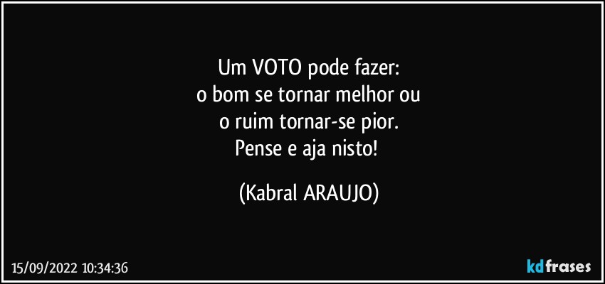 Um VOTO pode fazer:
o bom se tornar melhor ou
o ruim tornar-se pior.
Pense e aja nisto! (KABRAL ARAUJO)