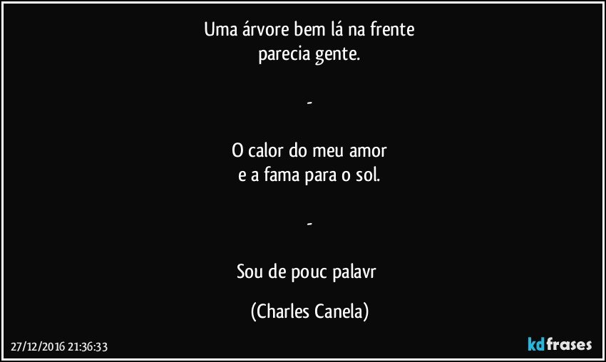 Uma árvore bem lá na frente
parecia gente.

-

O calor do meu amor
e a fama para o sol.

-

Sou de pouc palavr (Charles Canela)