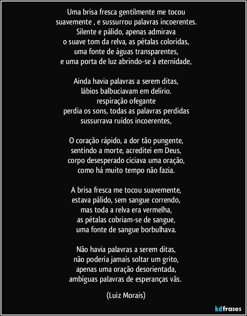 Uma brisa fresca gentilmente me tocou
suavemente , e sussurrou palavras incoerentes.
Silente e pálido, apenas admirava
o suave tom da relva, as pétalas coloridas,
uma fonte de águas transparentes,
e uma porta de luz abrindo-se à eternidade,

Ainda havia palavras a serem ditas,
lábios balbuciavam em delírio.
respiração ofegante
perdia os sons, todas as palavras perdidas
sussurrava ruídos incoerentes,

O coração rápido, a dor tão pungente,
sentindo a morte, acreditei em Deus,
corpo desesperado ciciava uma oração,
como há muito tempo não fazia.

A brisa fresca me tocou suavemente,
estava pálido, sem sangue correndo,
mas toda a relva era vermelha,
as pétalas cobriam-se de sangue,
uma fonte de sangue borbulhava.

Não havia palavras a serem ditas,
não poderia jamais soltar um grito,
apenas uma oração desorientada,
ambíguas palavras de esperanças vãs. (Luiz Morais)