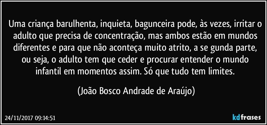 Uma criança barulhenta, inquieta, bagunceira pode, às vezes, irritar o adulto que precisa de concentração, mas ambos estão em mundos diferentes e para que não aconteça muito atrito, a se gunda parte, ou seja, o adulto tem que ceder e procurar entender o mundo infantil em momentos assim. Só que tudo tem limites. (João Bosco Andrade de Araújo)