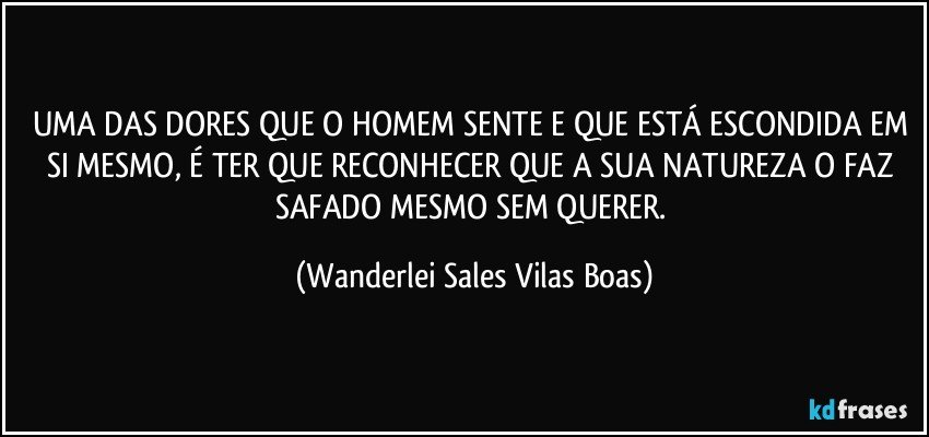 UMA DAS DORES QUE O HOMEM SENTE E QUE ESTÁ ESCONDIDA EM SI MESMO, É TER QUE RECONHECER QUE A SUA NATUREZA O FAZ SAFADO MESMO SEM QUERER. (Wanderlei Sales Vilas Boas)