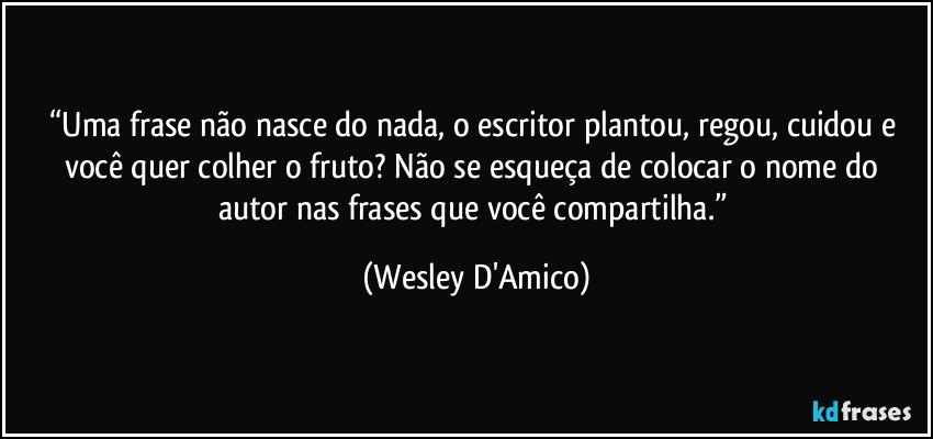 “Uma frase não nasce do nada, o escritor plantou, regou, cuidou e você quer colher o fruto? Não se esqueça de colocar o nome do autor nas frases que você compartilha.” (Wesley D'Amico)