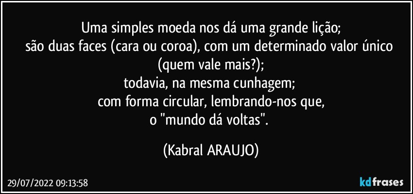 Uma simples moeda nos dá uma grande lição;
são duas faces (cara ou coroa), com um determinado valor único 
(quem vale mais?);
todavia, na mesma cunhagem; 
com forma circular, lembrando-nos que,
o "mundo dá voltas". (KABRAL ARAUJO)