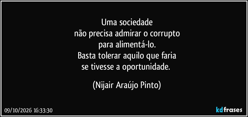 Uma sociedade
não precisa admirar o corrupto
para alimentá-lo.
Basta tolerar aquilo que faria
se tivesse a oportunidade. (Nijair Araújo Pinto)