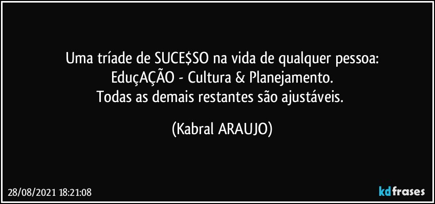 Uma tríade de SUCE$SO na vida de qualquer pessoa:
EduçAÇÃO - Cultura & Planejamento.
Todas as demais restantes são ajustáveis. (KABRAL ARAUJO)