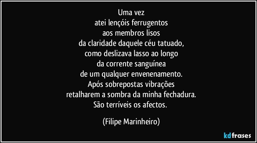 Uma vez
atei lençóis ferrugentos
aos membros lisos
da claridade daquele céu tatuado,
como deslizava lasso ao longo
da corrente sanguínea
de um qualquer envenenamento.
Após sobrepostas vibrações
retalharem a sombra da minha fechadura.
São terríveis os afectos. (Filipe Marinheiro)