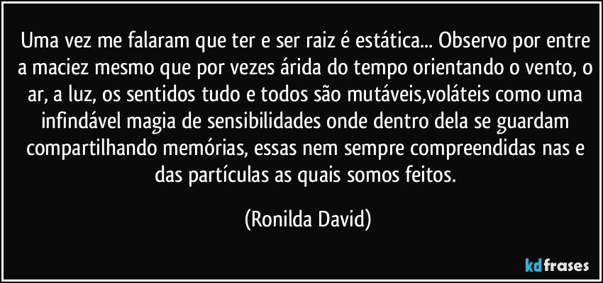 Uma vez me falaram que ter e ser raiz é estática... Observo por entre a maciez mesmo que por vezes árida do tempo orientando o vento, o ar, a luz, os sentidos tudo e todos são mutáveis,voláteis como uma infindável magia de sensibilidades onde dentro dela se guardam compartilhando memórias, essas nem sempre compreendidas nas e das partículas as quais somos feitos. (Ronilda David)