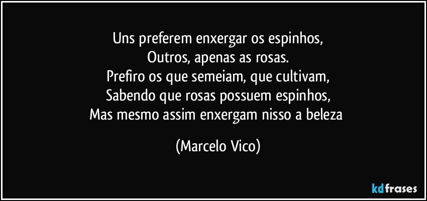 Uns preferem enxergar os espinhos,
Outros, apenas as rosas.
Prefiro os que semeiam, que cultivam,
Sabendo que rosas possuem espinhos,
Mas mesmo assim  enxergam nisso a beleza (Marcelo Vico)