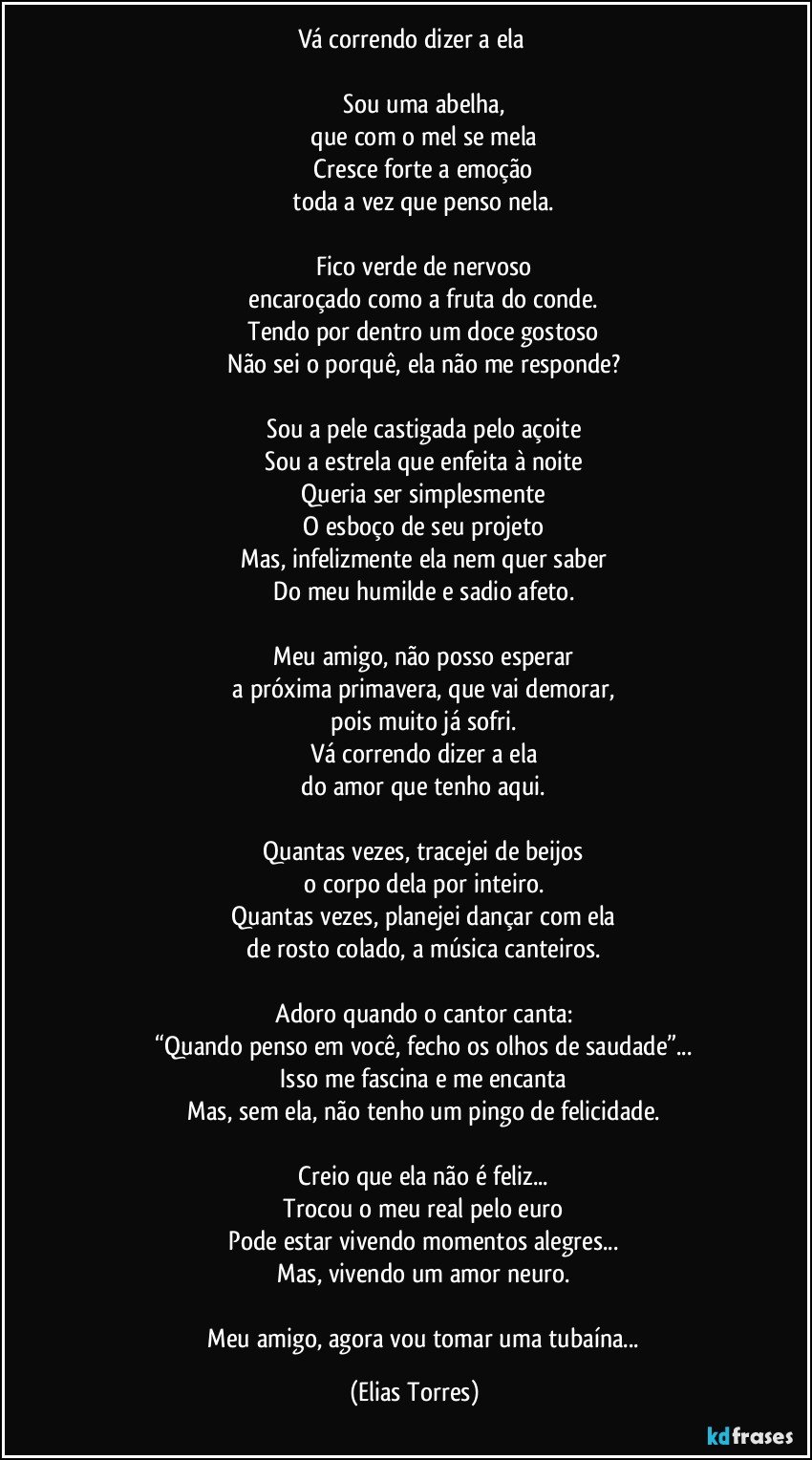 Vá correndo dizer a ela 

              Sou uma abelha, 
              que com o mel se mela 
              Cresce forte a emoção 
              toda a vez que penso nela. 

              Fico verde de nervoso 
              encaroçado como a fruta do conde. 
              Tendo por dentro um doce gostoso 
              Não sei o porquê, ela não me responde? 

              Sou a pele castigada pelo açoite 
              Sou a estrela que enfeita à noite 
              Queria ser simplesmente 
              O esboço de seu projeto 
              Mas, infelizmente ela nem quer saber 
              Do meu humilde e sadio afeto. 

              Meu amigo, não posso esperar 
              a próxima primavera, que vai demorar, 
              pois muito já sofri. 
              Vá correndo dizer a ela 
              do amor que tenho aqui. 

              Quantas vezes, tracejei de beijos 
              o corpo dela por inteiro. 
              Quantas vezes, planejei dançar com ela 
              de rosto colado, a música canteiros. 

              Adoro quando o cantor canta: 
              “Quando penso em você, fecho os olhos de saudade”... 
              Isso me fascina e me encanta 
              Mas, sem ela, não tenho um pingo de felicidade. 

              Creio que ela não é feliz... 
              Trocou o meu real pelo euro 
              Pode estar vivendo momentos alegres... 
              Mas, vivendo um amor neuro.    

              Meu amigo, agora vou tomar uma tubaína... (Elias Torres)