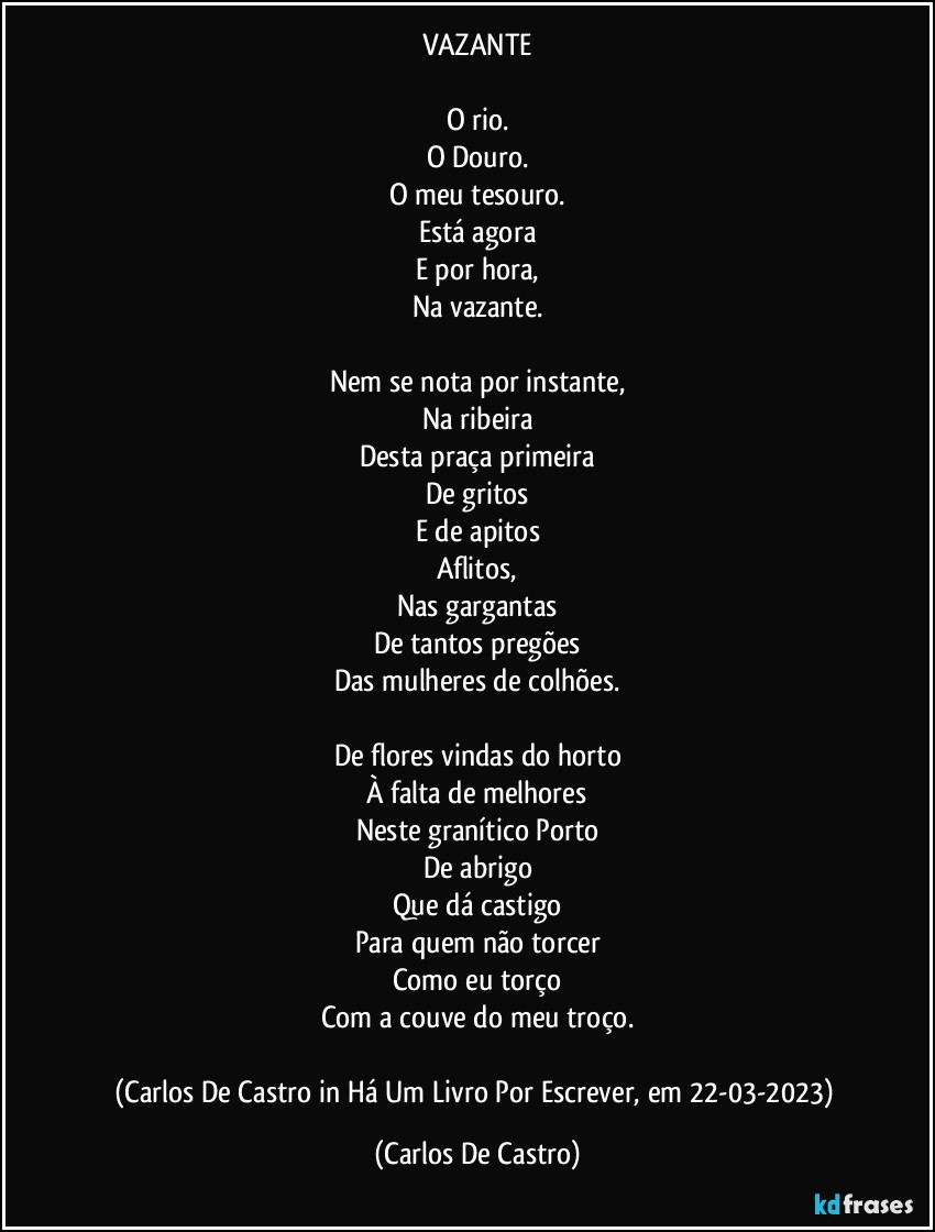 VAZANTE

O rio.
O Douro.
O meu tesouro.
Está agora
E por hora,
Na vazante.

Nem se nota por instante,
Na ribeira
Desta praça primeira
De gritos
E de apitos
Aflitos,
Nas gargantas
De tantos pregões
Das mulheres de colhões.

De flores vindas do horto
À falta de melhores
Neste granítico Porto
De abrigo
Que dá castigo
Para quem não torcer
Como eu torço
Com a couve do meu troço.

(Carlos De Castro in Há Um Livro Por Escrever, em 22-03-2023) (Carlos De Castro)