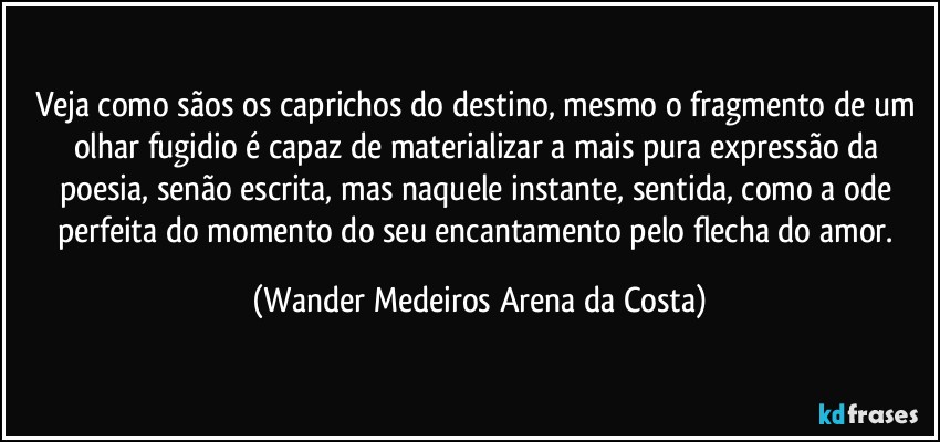 Veja como sãos os caprichos do destino, mesmo o fragmento de um olhar fugidio é capaz de materializar a mais pura expressão da poesia, senão escrita, mas naquele instante, sentida, como a ode perfeita do momento do seu encantamento pelo flecha do amor. (Wander Medeiros Arena da Costa)