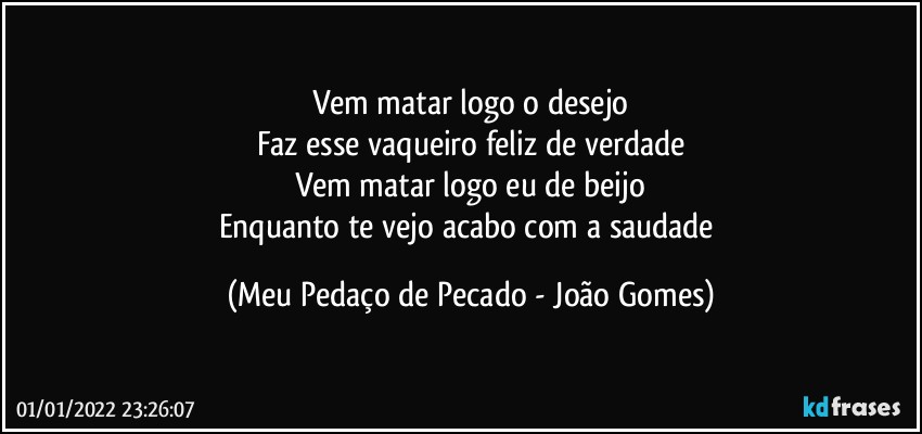 Vem matar logo o desejo
Faz esse vaqueiro feliz de verdade
Vem matar logo eu de beijo
Enquanto te vejo acabo com a saudade (Meu Pedaço de Pecado - João Gomes)