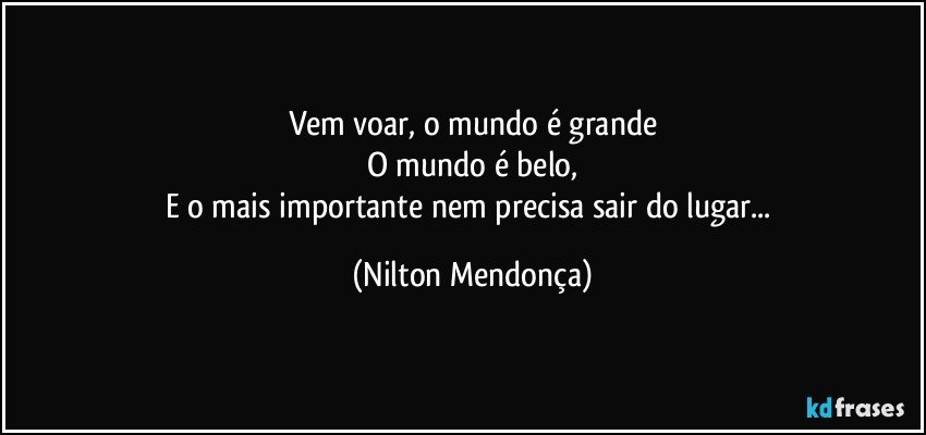 Vem voar, o mundo é grande
O mundo é belo,
E o mais importante nem precisa sair do lugar... (Nilton Mendonça)