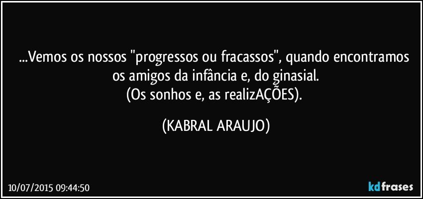 ...Vemos os nossos "progressos ou fracassos", quando encontramos os amigos da infância e, do ginasial.
(Os sonhos e, as realizAÇÕES). (KABRAL ARAUJO)