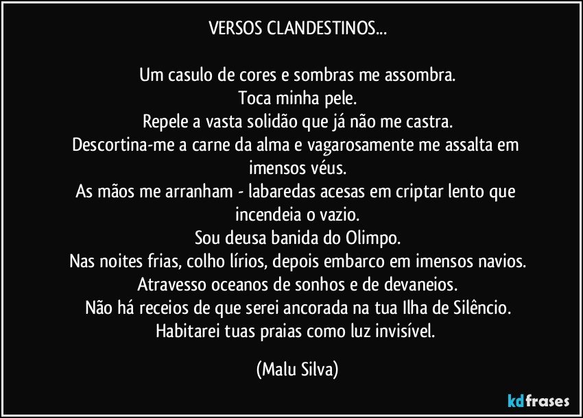 VERSOS CLANDESTINOS...

Um casulo de cores e sombras me assombra.
Toca minha pele.
Repele a vasta solidão que já não me castra.
Descortina-me a carne da alma e vagarosamente me assalta em imensos véus.
As mãos me arranham - labaredas acesas em criptar lento que incendeia o vazio.
Sou deusa banida do Olimpo.
Nas noites frias, colho lírios, depois embarco em imensos navios.
Atravesso oceanos de sonhos e de devaneios.
Não há receios de que serei ancorada na tua Ilha de Silêncio.
Habitarei tuas praias como luz invisível. (Malu Silva)