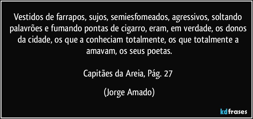 Vestidos de farrapos, sujos, semiesfomeados, agressivos, soltando palavrões e fumando pontas de cigarro, eram, em verdade, os donos da cidade, os que a conheciam totalmente, os que totalmente a amavam, os seus poetas.

Capitães da Areia, Pág. 27 (Jorge Amado)