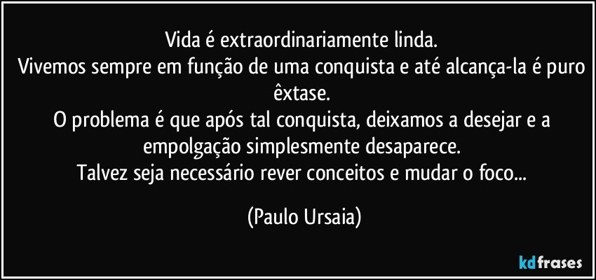 Vida é extraordinariamente linda. 
Vivemos sempre em função de uma conquista e até alcança-la é puro êxtase. 
O problema é que após tal conquista, deixamos a desejar e a empolgação simplesmente desaparece. 
Talvez seja necessário rever conceitos e mudar o foco... (Paulo Ursaia)