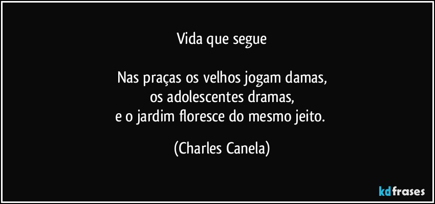 Vida que segue

Nas praças os velhos jogam damas,
os adolescentes dramas,
e o jardim floresce do mesmo jeito. (Charles Canela)