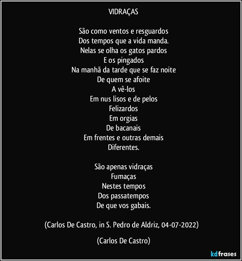 VIDRAÇAS

São como ventos e resguardos
Dos tempos que a vida manda.
Nelas se olha os gatos pardos
E os pingados
Na manhã da tarde que se faz noite
De quem se afoite
A vê-los
Em nus lisos e de pelos
Felizardos
Em orgias
De bacanais
Em frentes e outras demais
Diferentes.

São apenas vidraças
Fumaças
Nestes tempos
Dos passatempos
De que vos gabais.

(Carlos De Castro, in S. Pedro de Aldriz, 04-07-2022)⁠ (Carlos De Castro)