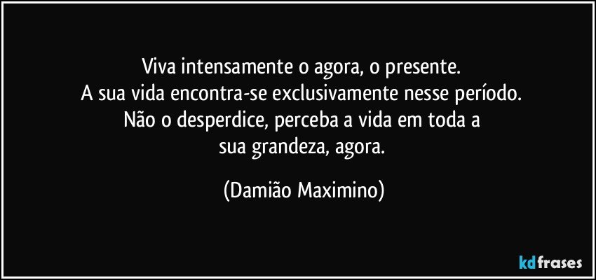 Viva intensamente o agora, o presente. 
A sua vida encontra-se exclusivamente nesse período. 
Não o desperdice, perceba a vida em toda a 
sua grandeza, agora. (Damião Maximino)