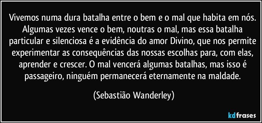 Vivemos numa dura batalha entre o bem e o mal que habita em nós. Algumas vezes vence o bem, noutras o mal, mas essa batalha particular e silenciosa é a evidência do amor Divino, que nos permite experimentar as consequências das nossas escolhas para, com elas, aprender e crescer. O mal vencerá algumas batalhas, mas isso é passageiro, ninguém permanecerá eternamente na maldade. (Sebastião Wanderley)