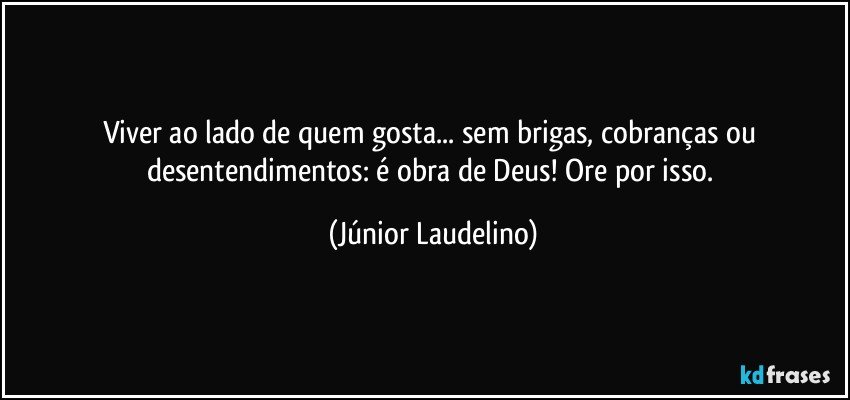 Viver ao lado de quem gosta... sem brigas, cobranças ou desentendimentos: é obra de Deus! Ore por isso. (Júnior Laudelino)