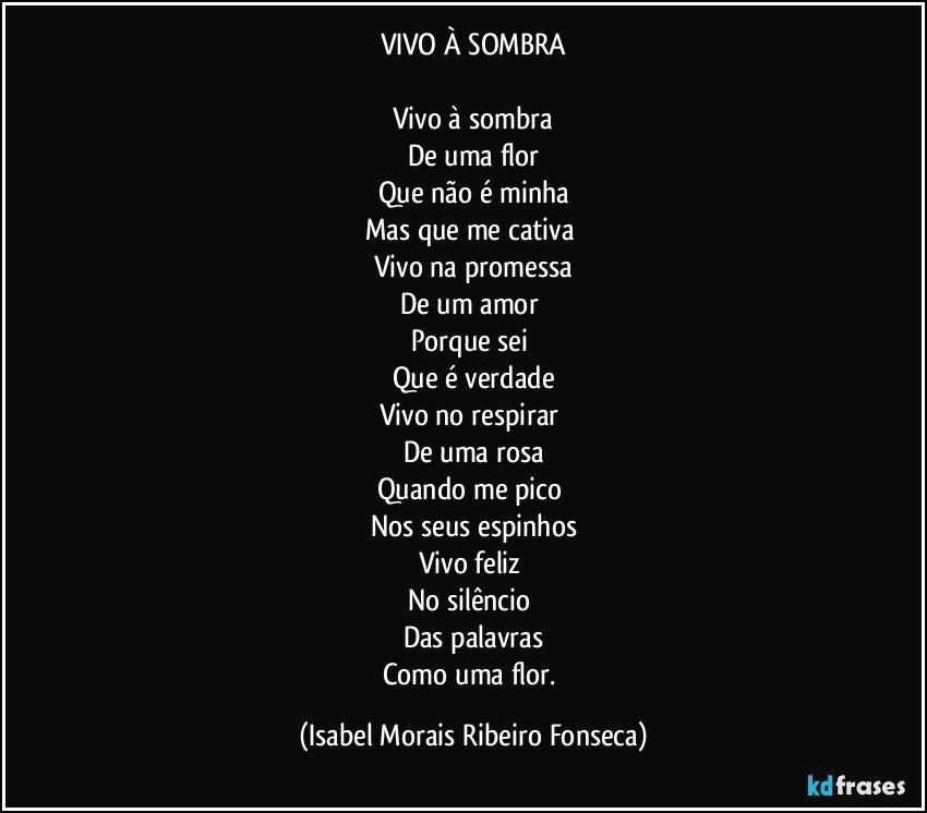 VIVO À SOMBRA
Vivo à sombra
De uma flor
Que não é minha
Mas que me cativa
Vivo na promessa
De um amor
Porque sei
Que é verdade
Vivo no respirar
De uma rosa
Quando me pico
Nos seus espinhos
Vivo feliz
No silêncio
Das palavras
Como uma flor. (Isabel Morais Ribeiro Fonseca)