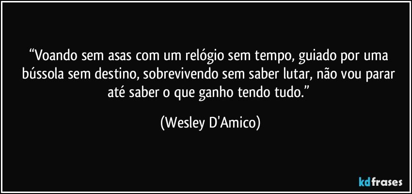 “Voando sem asas com um relógio sem tempo, guiado por uma bússola sem destino, sobrevivendo sem saber lutar, não vou parar até saber o que ganho tendo tudo.” (Wesley D'Amico)