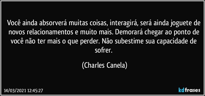 Você ainda absorverá muitas coisas, interagirá, será ainda joguete de novos relacionamentos e muito mais. Demorará chegar ao ponto de você não ter mais o que perder. Não subestime sua capacidade de sofrer. (Charles Canela)