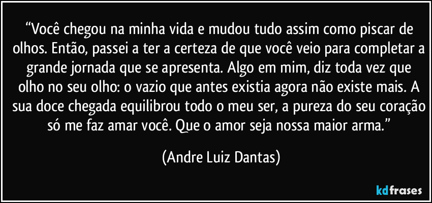 “Você chegou na minha vida e mudou tudo assim como piscar de olhos. Então, passei a ter a certeza de que você veio para completar a grande jornada que se apresenta. Algo em mim, diz toda vez que olho no seu olho: o vazio que antes existia agora não existe mais. A sua doce chegada equilibrou todo o meu ser, a pureza do seu coração só me faz amar você. Que o amor seja nossa maior arma.” (Andre Luiz Dantas)