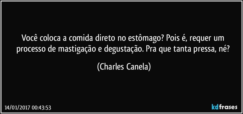 Você coloca a comida direto no estômago? Pois é, requer um processo de mastigação e degustação. Pra que tanta pressa, né? (Charles Canela)