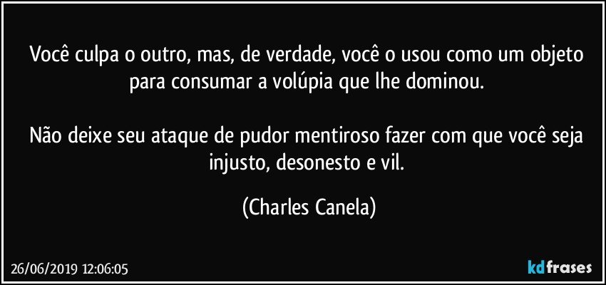 Você culpa o outro, mas, de verdade, você o usou como um objeto para consumar a volúpia que lhe dominou. 

Não deixe seu ataque de pudor mentiroso fazer com que você seja injusto, desonesto e vil. (Charles Canela)